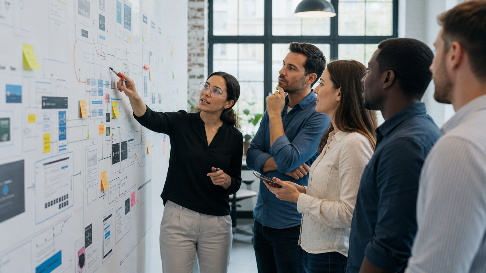 A cross-functional product team mapping an AI platform together on a large workshop wall.