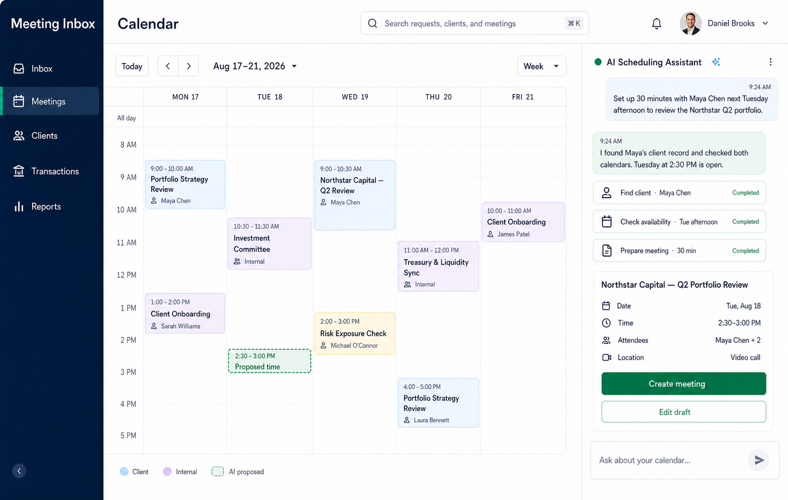 Meeting Inbox calendar with an AI scheduling assistant that looks up a client, checks availability, and drafts a meeting.
