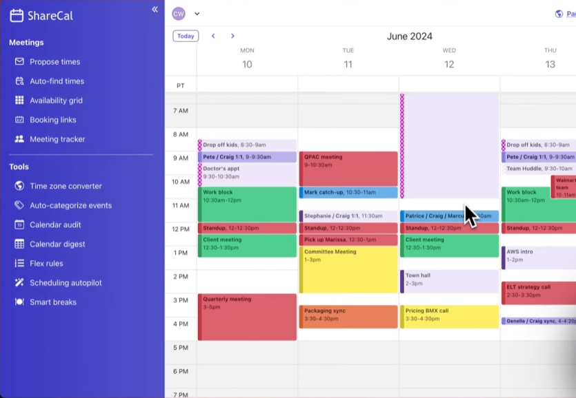 ShareCal calendar interface showing a week of color-coded meeting blocks.
